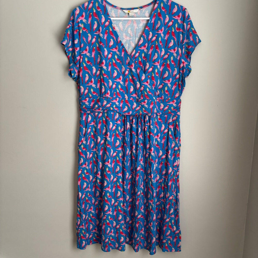 Boden Lola Jersey Dress Moroccan Blue parakeets size 14R
